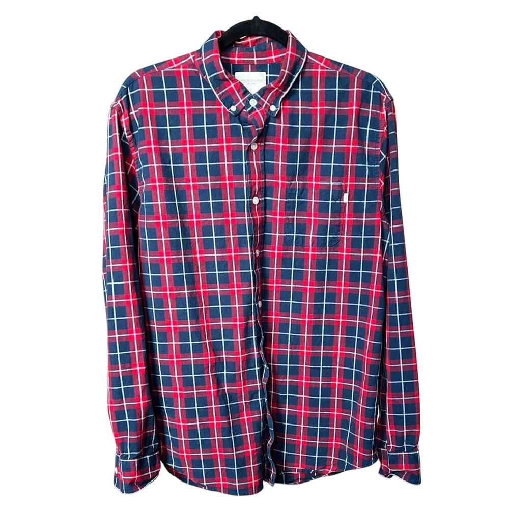 Obey Shirt Blue and Red Plaid Long Sleeve Button-Up Cotton Skater Streetwear L